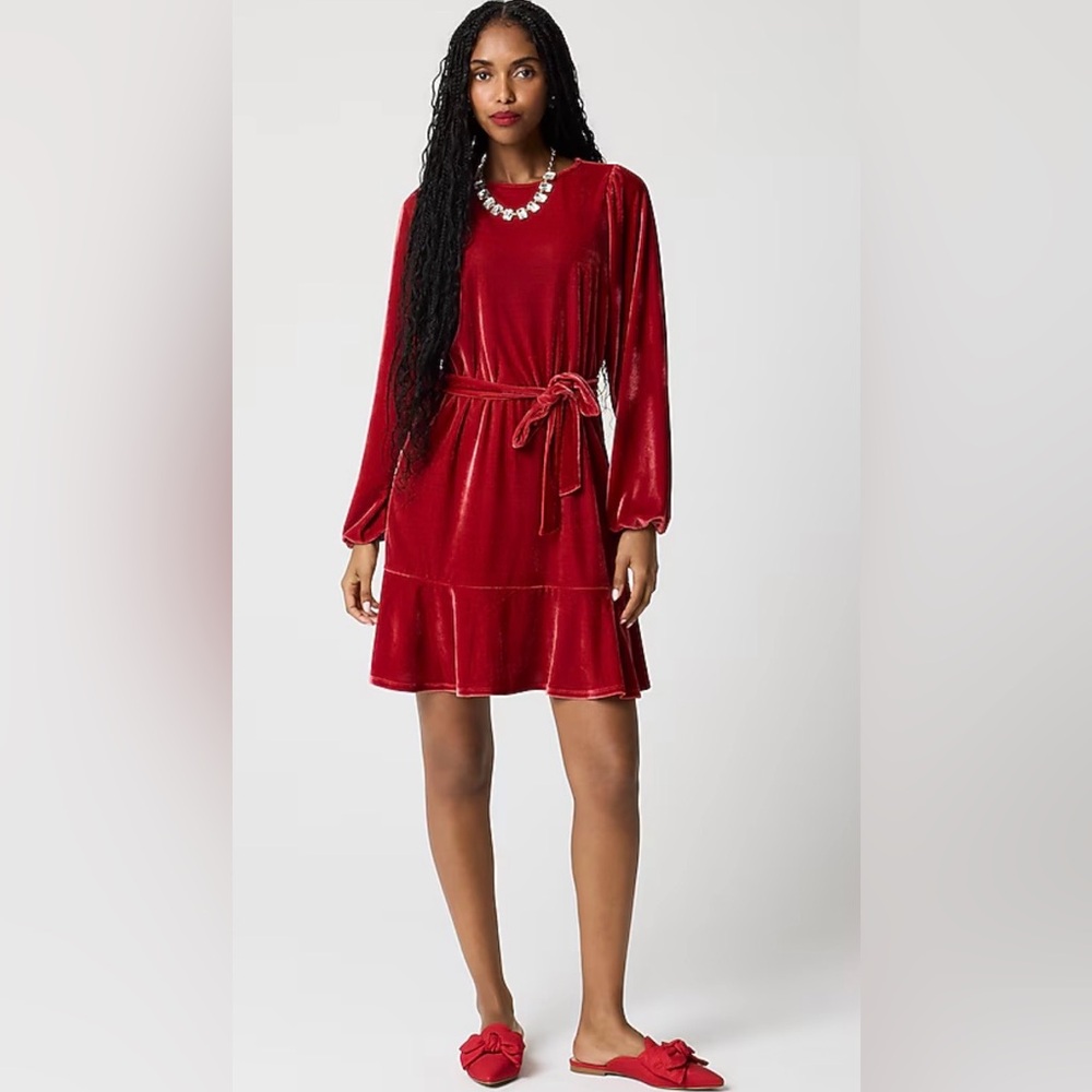 NWT!! J. Crew Red Long sleeved Velvet tie-waist mini dress 
Multiple sizes